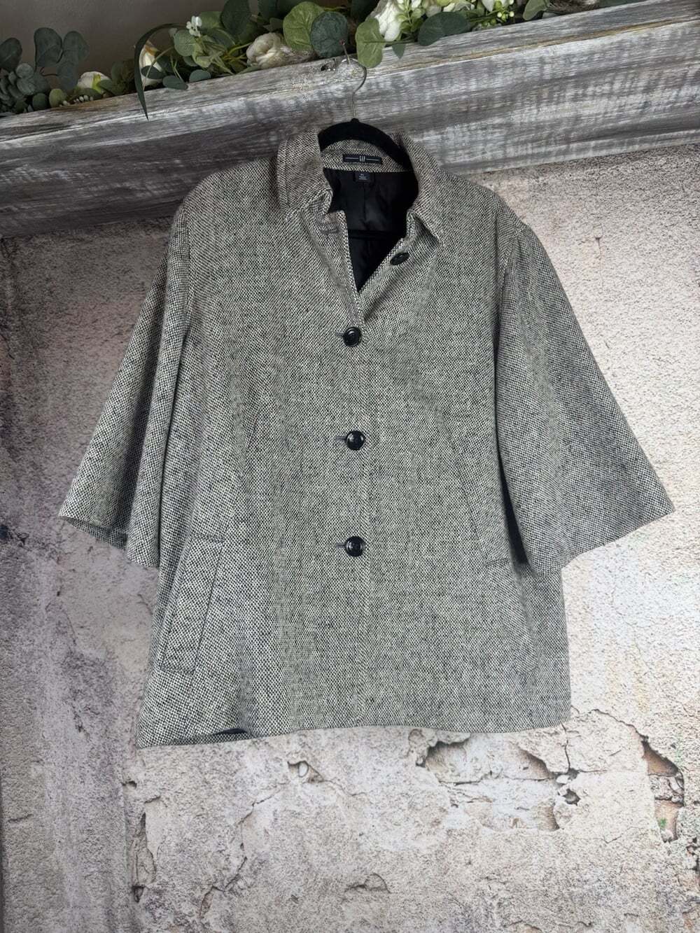 Gray Herringbone Cape Coat Gap size XI 3/4 sleeves A71